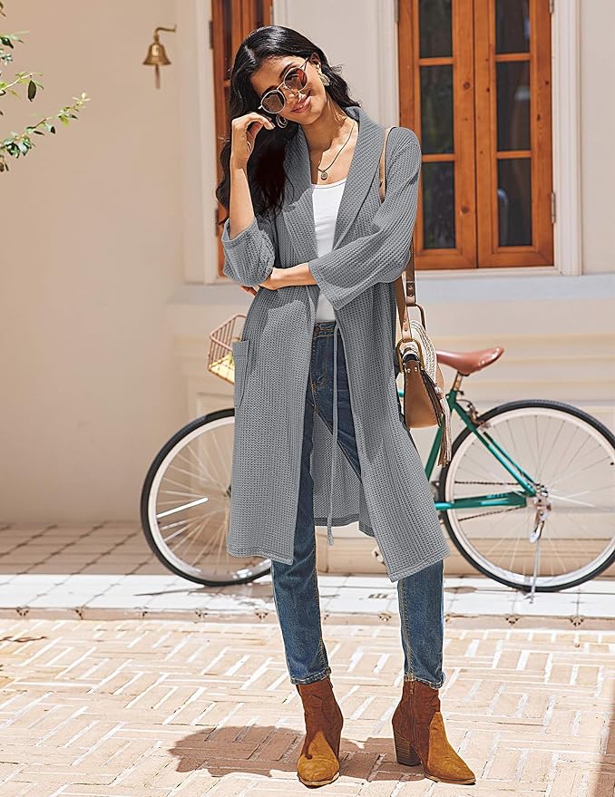 Ekouaer Robes for Women Waffle Knit Bathrobe Lightweight Kimono Robe Knee Length Loungewear with Pockets