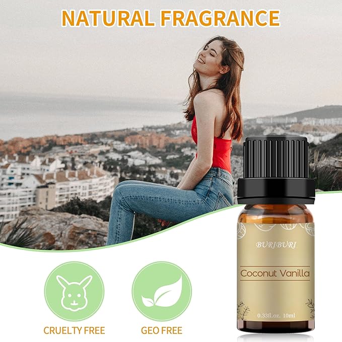 BURIBURI Coconut Vanilla Essential Oil, 10ml Premium Grade Scented Oil Coconut Vanilla Fragrance Oil for Diffuser, Massage, Candle, Soap Making