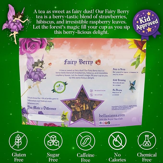 Bellasia Tea Fairy Berry for Kids Using Real Strawberry Pieces- Caffeine Free Herbal Tea Blend with Real Ingredient & Balanced Flavor- Add Loose Leaf Tea to Your Child’s Routine for Fun & Tasty Drink