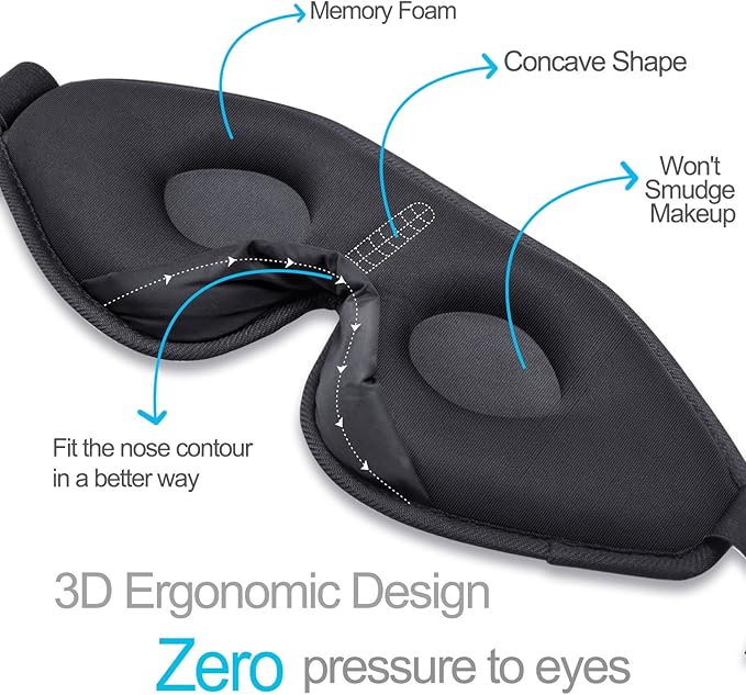 2Pack Upgraded 3D Contoured Sleep Mask - Adjustable Blackout Blindfold for Men Women - Complete Darkness and Free Eye Movement (Black)