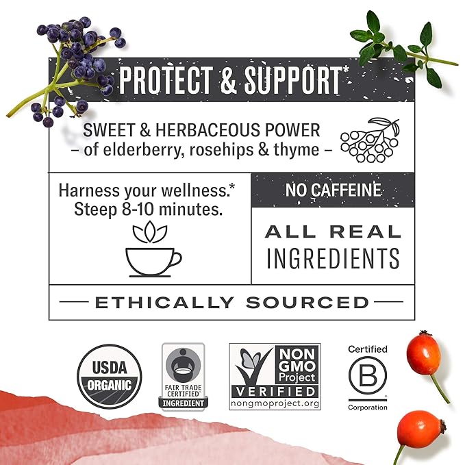 Numi Organic Immune Support Tea, 16 Tea Bags (Pack of 3), Elderflower, Elderberry, Rosehips and Thyme, Caffeine Free