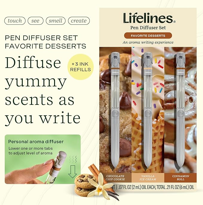Lifelines Pen Diffuser Set, Favorite Desserts 3-Pack - 1mm Black Ballpoint Pens with Scented Essential Oil Blends – Aromatherapy Diffuser & Sensory Immersion Diffuse Aroma As You Write