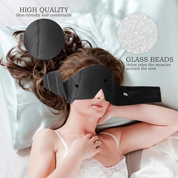 FRESHME Weighted Eye Mask for Sleeping - Black Cotton (0.7lb/11oz) Face Eye Cover Weighted Eye Pillow Oversize Large Soft Sleeping Mask with Nose Pad for Women Men Deep Sleep Essential