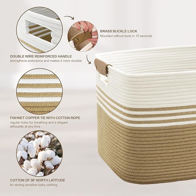 45L Small Laundry Basket with Leather Handles for Living Room Storage, Woven Rope Baskets Bin for Blanket, Kids Toy, Gifts, Wicker Hamper for Bedroom Dirty Clothes, 18"x14"x11" Khaki