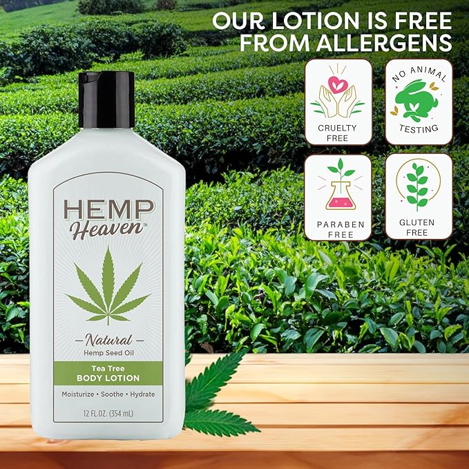 Hemp Heaven Lotion - Moisturizing Body Lotion with Natural Hemp Seed Oil & Tea Tree Scent, 12 oz, Paraben-Free Hemp Lotion for Women & Men, Made in USA, Soothes & Nourishes