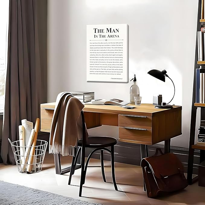 Framed Motivational Wall Decor for Men, The Man in The Arena Office Inspirational Wall Art, Positive Quotes Pictures, Spiritual Canvas Prints, Faith Based Gifts for Living Room, Bedroom 16x24 inch