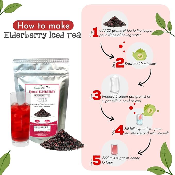 Green Hill Tea Elderberry Herbal Tea - Immune System Boosting Fruit Herbal Tea Blend - Caffeine-Free Relaxing Drink, Hot tea or Iced Tea - resealable foil bag 4 OZ