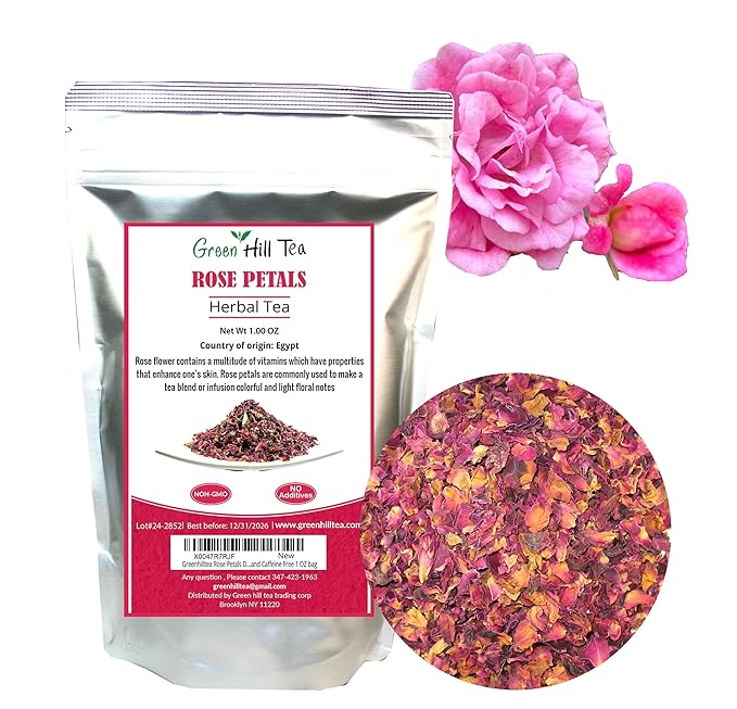 Greenhilltea Rose Petals Dried Flowers in Resealable Pouch, Edible Flowers for Herbal Tea, Rosewater, Baking, Decorating Desserts, Gluten and Caffeine Free 1 OZ bag