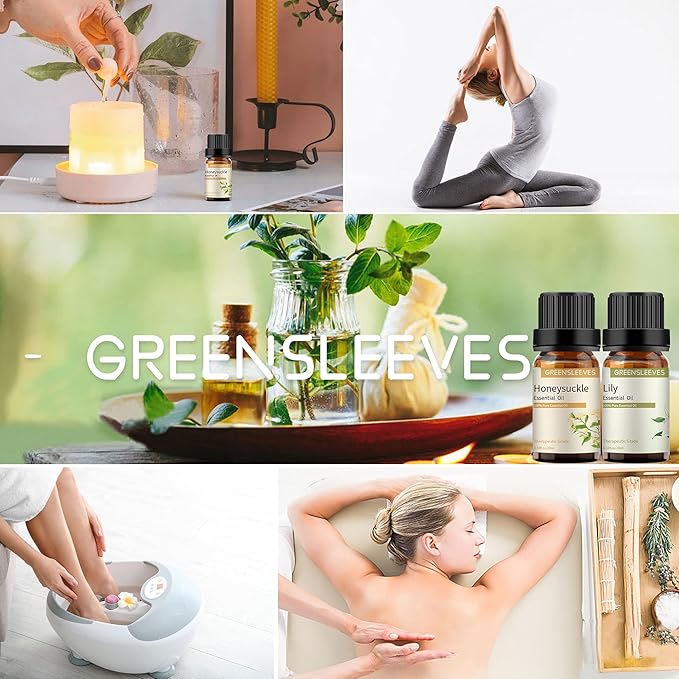 GREENSLEEVES Honeysuckle Lily Essential Oil Set, 2 x 10ml Pure Plant-Based Fragrance Oil for Aromatherapy, Essential Oils for Diffuser, Massage, Bath Bomb, Scented Candle Soap Making
