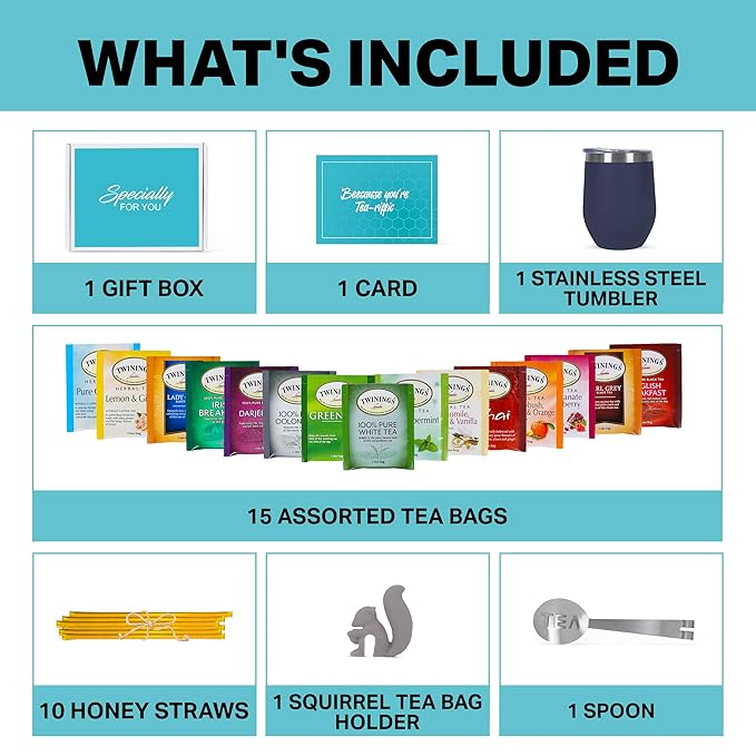 Tea Gift Set for Women and Men – Elegant Tea Sets for Women Gift with 15 Unique Teas, Stainless Steel Tumbler & 10 Honey Straws in Premium Box (Blue)