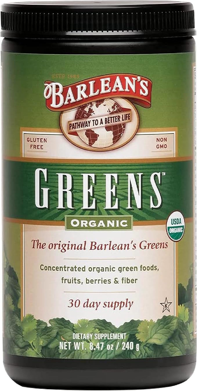 Barlean's Organic Greens Powder, Daily Fruit and Vegetable Superfood Supplement with Green Food Protein, Probiotic Blend and Fiber Drink Mix, 8.47 oz