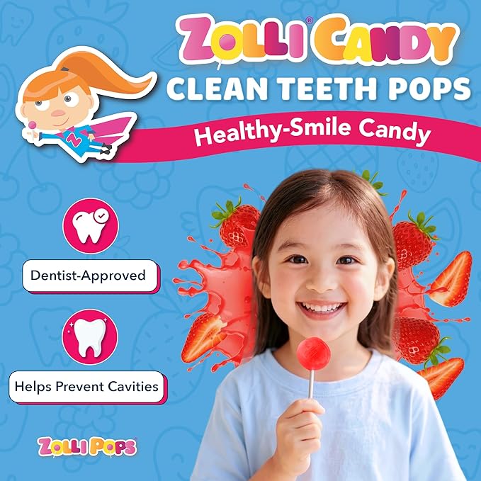 Zollipops Clean Teeth Pops Sugar Free Candy with Xylitol, Dye-Free Lollipops - Keto & Diabetic-Friendly, Dentist-Approved Treats for Kids (Strawberry 3.1 oz)