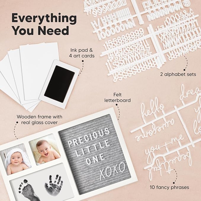 Baby Hand & Footprint Kit with Felt Letterboard, Inkless Ink Pad - Personalized New Mom Gifts for Baby Announcement, Cute Nursery Newborn Picture Frame,Ideal Dog Nose & Paw Print Kit(Alpine White)