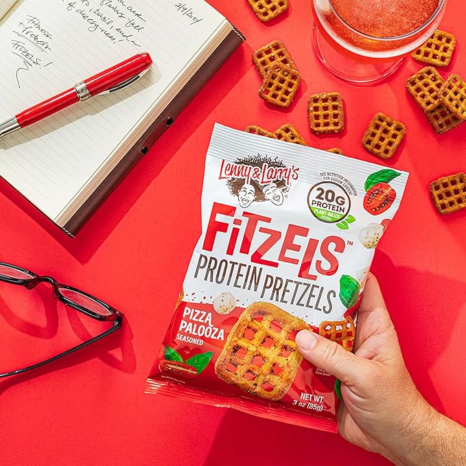 Lenny & Larry's Pizza Palooza FITZELS- Savory Pretzel Snacks Incredibly Tasty High Protein, Salty, Vegan 20 g's of Plant Based Protein 8 (eight) Bags, 3 oz Each