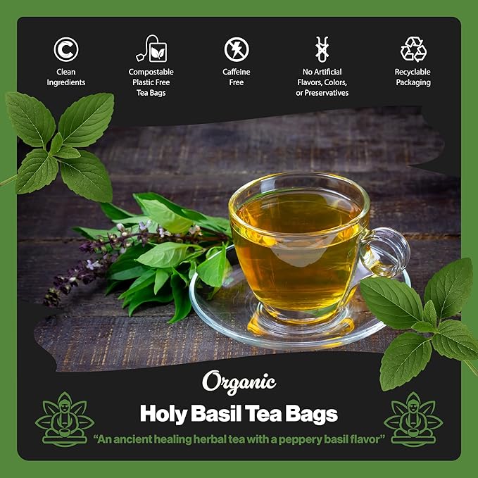 Buddha Teas - Organic Holy Basil Tea Bags - For Health & Wellbeing - Ayurvedic Tulsi - With Antioxidants - Clean Ingredients - Caffeine Free - OU Kosher & Non-GMO - 100 Non-String Tea Bags (Pack of 1)