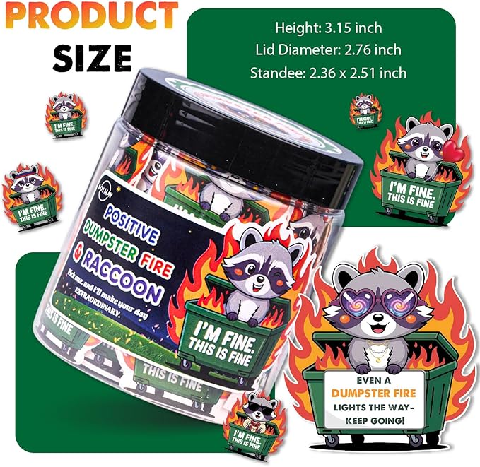 Funny Raccoon Dumpster Fire Affirmation Jar – 60 Sarcastic Positive Notes for Emotional Support, Mini Dumpster Fire Gift for Coworkers, Funny Office Desk Decor & Stocking Stuffers – SOLMAY