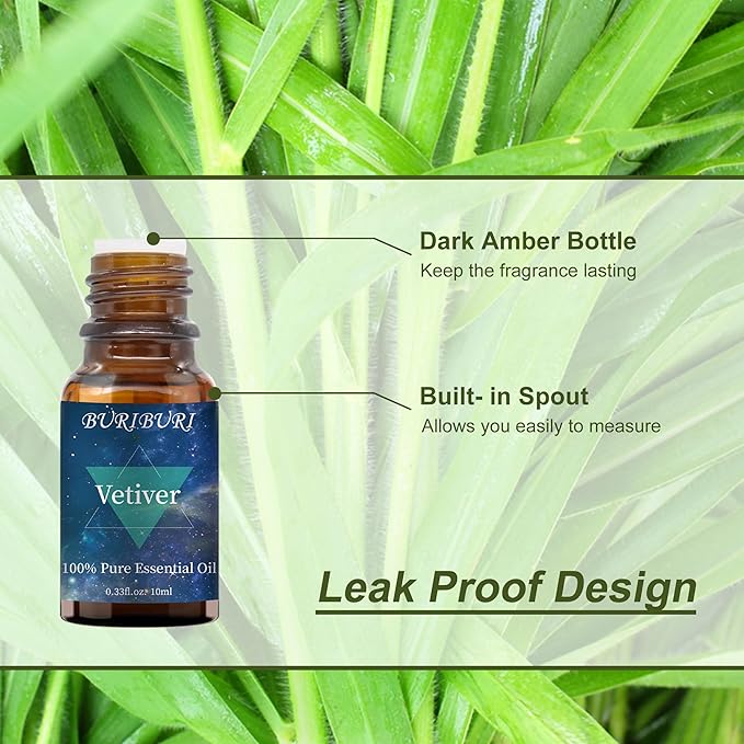 BURIBURI Vetiver Essential Oil Organic for Diffuser, Skin, Candle Soap Perfume Making - 100% Pure, Undiluted, Natural, Aromatherapy Vetiver Oils 10ML