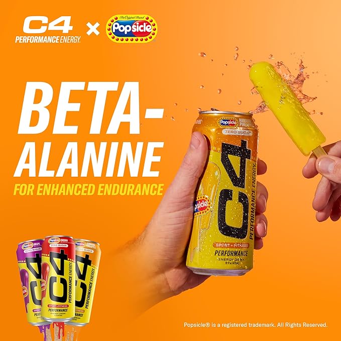 C4 Energy Drink x Popsicle Variety Pack, Carbonated Sugar Free Pre Workout Performance Drink with no Artificial Colors or Dyes, 3 Flavors - Grape, Hawaiian Pineapple, and Cherry, 16 Oz, Pack of 12
