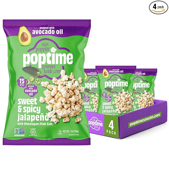 Poptime Popcorn Snack Bags – Sweet & Spicy Jalapeno & Himalayan Pink Salt Kettle Corn Popcorn Bags, Healthy Snack With Avocado Oil, Gluten Free, Vegan, Low Calorie, Non-GMO, Kosher - 7 oz - Pack 4