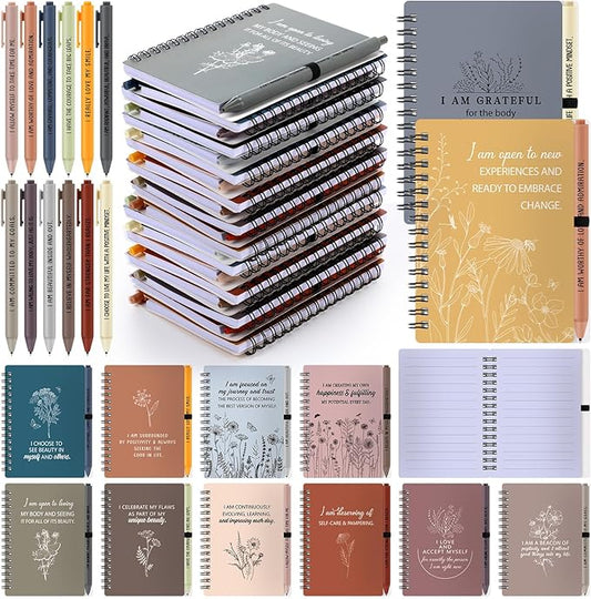 Kosiz 24 Pcs/12 Set Positive Affirmation Gifts Gratitude Spiral Notebooks with Pens Motivational Encouragement Notepads Daily Affirmations Journal for Women (Vibrant)