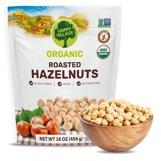 Happy Village Organic Roasted Hazelnuts, 16 OZ Resealable Bag, Roasted and Unsalted, USDA Organic, Non-GMO, Kosher, Vegan, Gluten-Free Filbert Nuts, No Added Oil or Preservatives