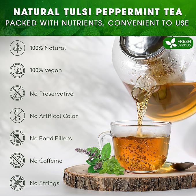 FreshDrinkUS, Premium Tulsi Peppermint Herbal Tea – 75 Tea Bags, 100% Natural, Blend of Tulsi Holy Basil Leaves, and Peppermint Leaves. Made with Natural Material Tea Bags. No Sugar, Vegan.