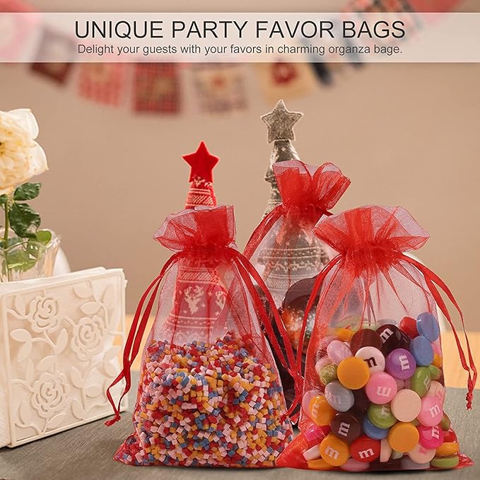 ANZNKU 100PCS Premium Red Organza Bags 5x7 inches Mesh Bags Drawstring, Gift Bag for Wedding Festival Makeup Party Favor, Mesh Bag Drawstring