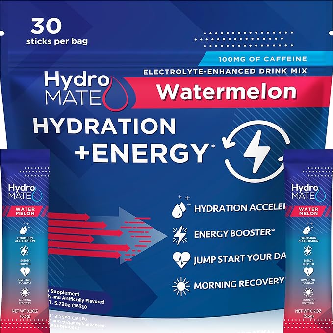 HydroMATE Electrolytes Powder Drink Mix Packets Hydration Accelerator Low Sugar Rapid Party Relief Recovery Vitamin C Plus Caffeine Watermelon 30 Count