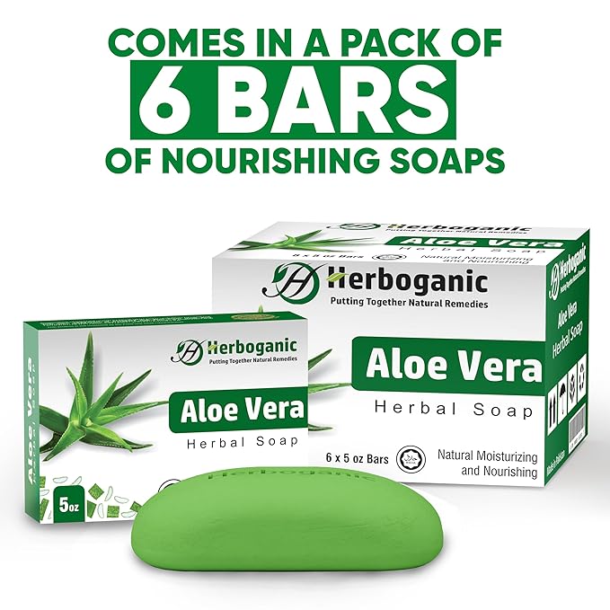 HERBOGANIC Aloe Vera Herbal Soap | Pack of 6 of 5oz soap Bar | Ideal for Men and Women, Soothing and Nourishing Soap for Moisturization