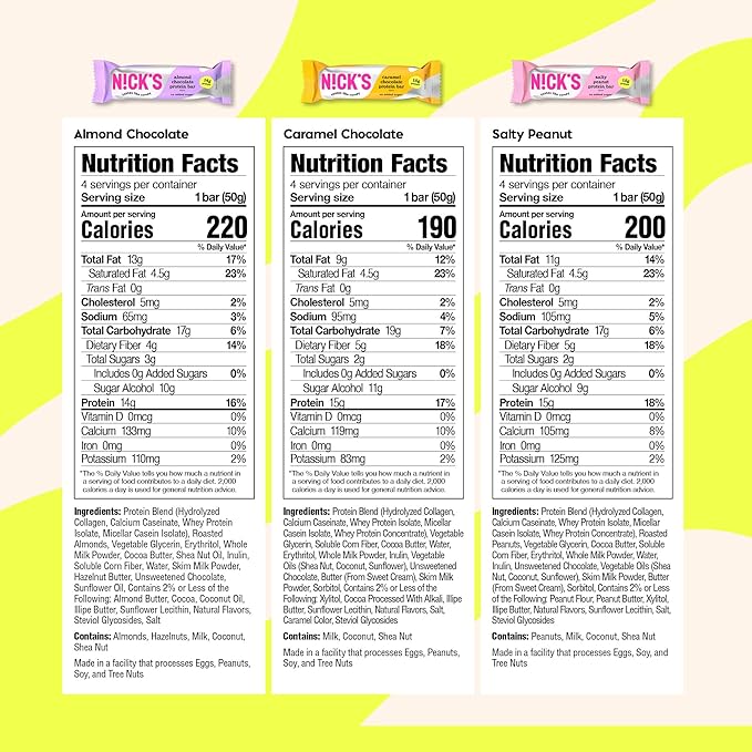 Nick’s Variety Protein Bars – 24-Count Box |Salty Peanut, Caramel and Almond Chocolate, High Protein, Low Calories, Low Carbs, Keto Friendly, No Added Sugar