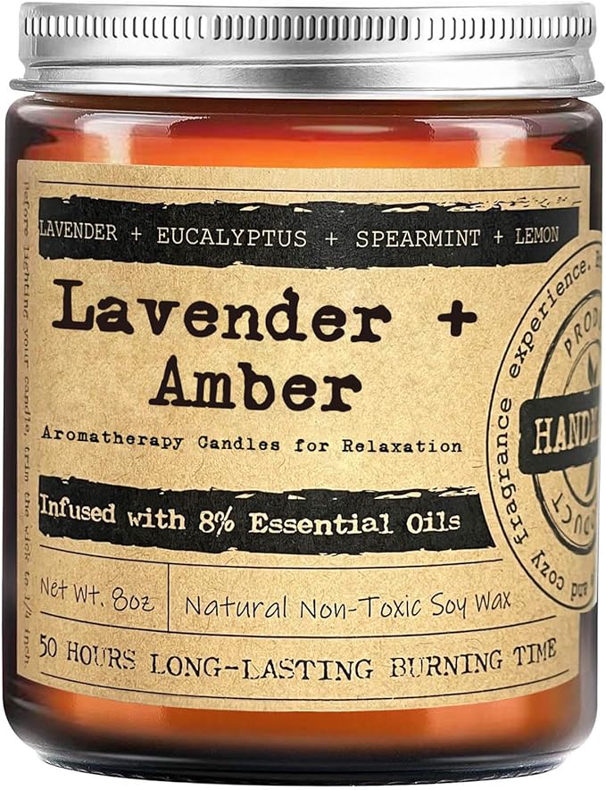 KOTKAS Amber Lavender Eucalyptus Scented Candles – 8oz Masculine Candle Gifts for Men Women, Aromatherapy Candle for Stress Relief Relaxation Calming Sleep Manly Home Decor for Bedroom Bathroom Office