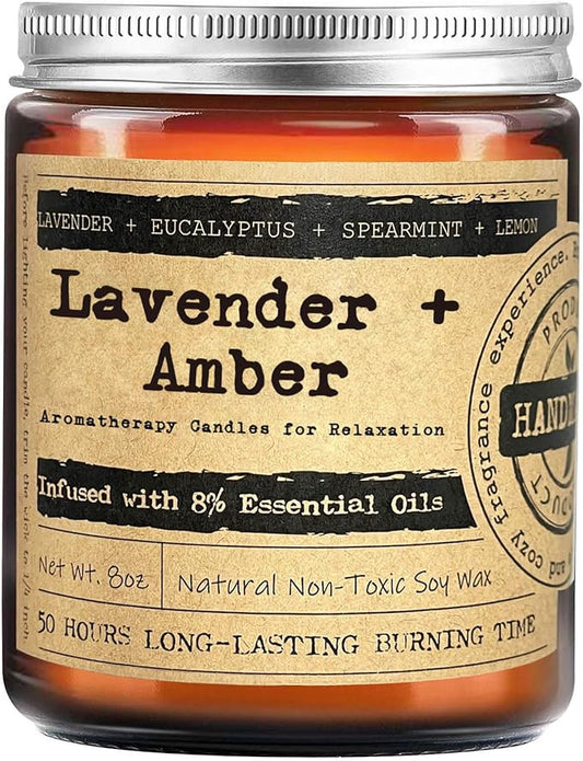 KOTKAS Amber Lavender Eucalyptus Scented Candles – 8oz Masculine Candle Gifts for Men Women, Aromatherapy Candle for Stress Relief Relaxation Calming Sleep Manly Home Decor for Bedroom Bathroom Office