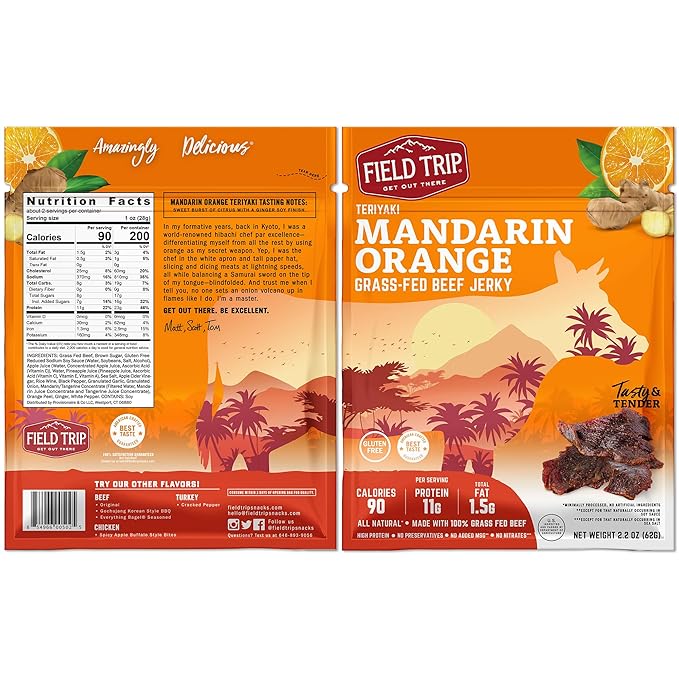 Field Trip Grass Fed Beef Jerky, Healthy Gluten Free Snacks, All Natural, Paleo-Friendly Beef Jerky, High Protein, Low Carb Snack with No Nitrates, 2.2oz Bag, 4 Pack, Mandarin Orange Teriyaki