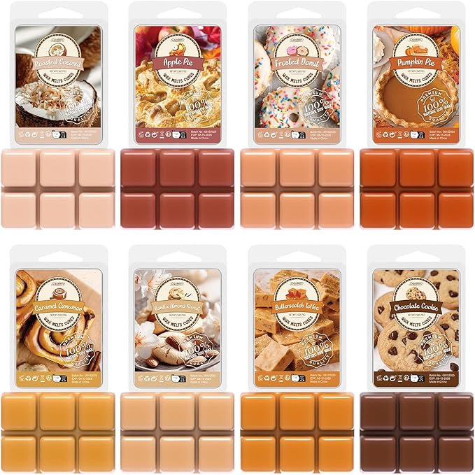 Bakery Scented Wax Melts, Sweet, Strong Scented Soy Wax Cubes/Tarts Variety Set - Apple Pie, Pumpkin Pie, Caramel Cinnamon, Chocolate Cookie, Donut, Vanilla Almond Biscuit, Roasted Coconut, Toffee