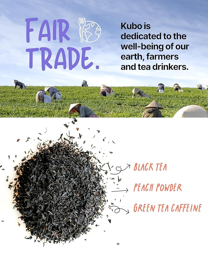 Kubo Tea Peach Mango Black Iced Tea - Organic Pillow Tea Bags - High Caffeine Coffee Alternative w/ 20 Servings (155mg Caffeine each) - Premium Flavored Blend w/Compostable & Biodegradable Packaging