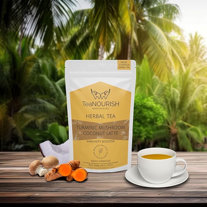TeaNOURISH Turmeric Mushroom Coconut Latte | Caffeine-Free, Immunity-Boosting Herbal Tea Latte with Turmeric & Reishi Mushroom | 100% NATURAL INGREDIENTS | 3.53oz/100g