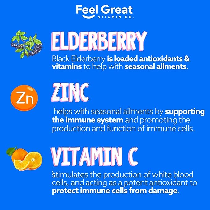 Feel Great Kids Elderberry Gummies with Zinc and Vitamin C | Immune Support Sambucus Elderberry | Berry Flavored Vegan Kids Multivitamins | 60 Day Supply