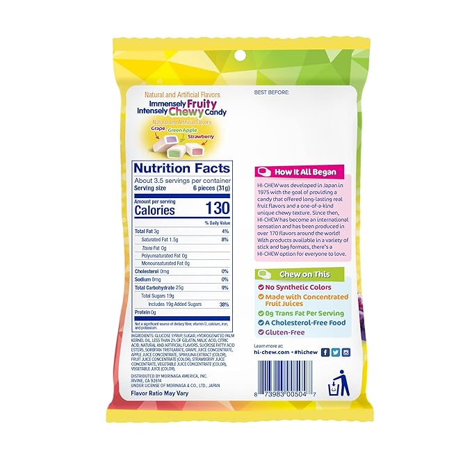 HI-CHEW Original Mix, 6 Bags, 3.53oz each - Strawberry Green Apple Grape - Unique Fun Soft & Chewy Halloween Candy - Immensely Juicy Fruity Candy Flavors - Individually Wrapped for Sharing