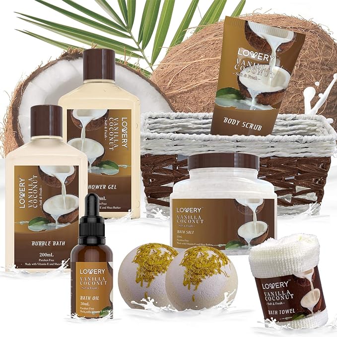 Gifts For Women Gift Basket for Women– 9 Piece Set of Vanilla Coconut Home Spa Set, Includes Fragrant Lotions, Extra Large Bath Bombs, Coconut Oil, Luxurious Bath Towel & More
