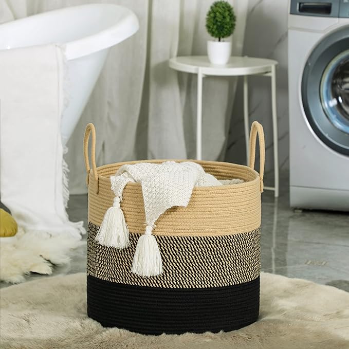 KAKAMAY Large Blanket Basket (18"x18"x16"),Woven Baby Laundry Hamper for Storage, Cotton Rope Blankets Baskets for Nursery, Laundry, Living Room, Pillows, Baby Toy Chest with Handles (Black)