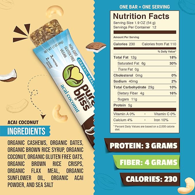 Organic Real Food Bar (Acai Coconut) Non-GMO, Gluten Free, Vegan, Nutrition Bars, Energy Bars, Super Food Simple Ingredients, Best Tasting, Healthy Snack, Breakfast Bars, Dairy Free, Soy Free, Pure Bliss Organics (1.7 oz bar, 12-Pack Case)