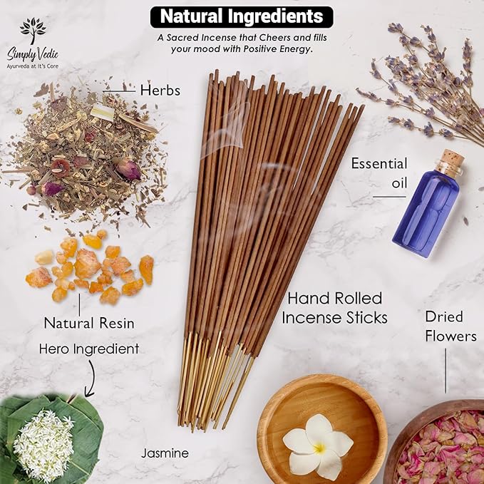 Simply Vedic Jasmine Incense Sticks – 250g Pack (Approx. 135 Handmade Sticks + Incense Holder) | 45-Minute Burn | Natural Essential Oils for Meditation, Yoga, Aromatherapy & Spiritual Use