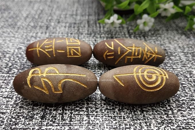 Amazing Gemstone Shiva Lingam Crystal Reiki Stones with Engraved Symbols for Usui Reiki Healing, Set of 4 Pcs (Indian Handmade Reiki Gift Set)