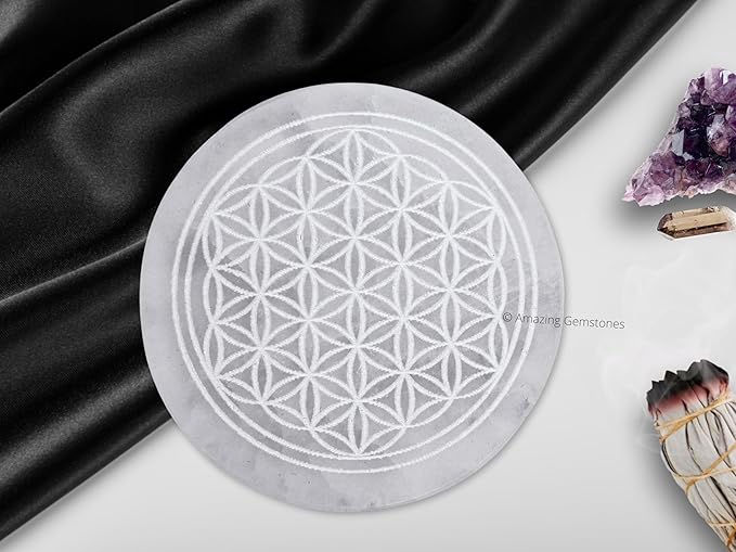 Amazing Gemstone Selenite Crystal Charging Plate For Crystals And Healing Stones, 3" Selenite Crystal Plate Engraved Flower of Life Coaster For Home, Office Table Decor (Selenite Round Disc)