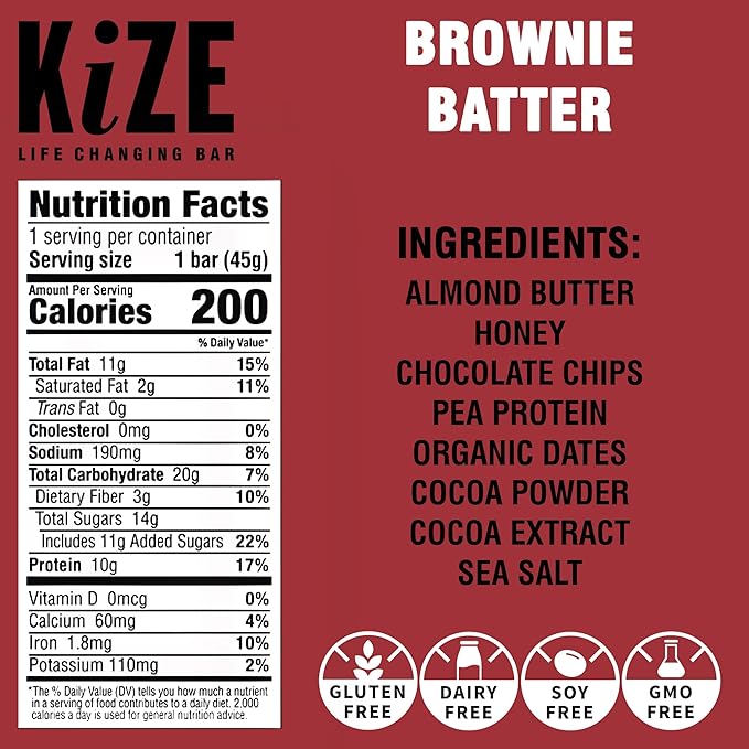 KiZE Energy Bars - Brownie Batter - Almond-Butter-Based, Gluten Free, Dairy Free, Non-GMO, and High Protein Meal Replacement Energy Bars, Clean and Simple Food Ingredients - 10g High Protein Snacks, (10 Count)
