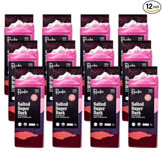 Raaka Salted Super Dark Chocolate Bars - 90% Cacao, Organic, Vegan, Kosher, Gluten Free, Cane Sugar Free - Lightly Sweetened with Coconut Sugar - 1.8oz Bars, 12-Pack