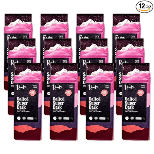 Raaka Salted Super Dark Chocolate Bars - 90% Cacao, Organic, Vegan, Kosher, Gluten Free, Cane Sugar Free - Lightly Sweetened with Coconut Sugar - 1.8oz Bars, 12-Pack