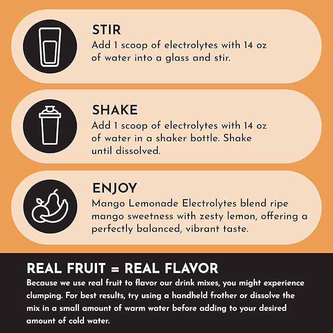 JUST INGREDIENTS Mango Lemonade Electrolyte Drink Mix - Coconut Water, Sea Salt, Trace Minerals - 30 Servings