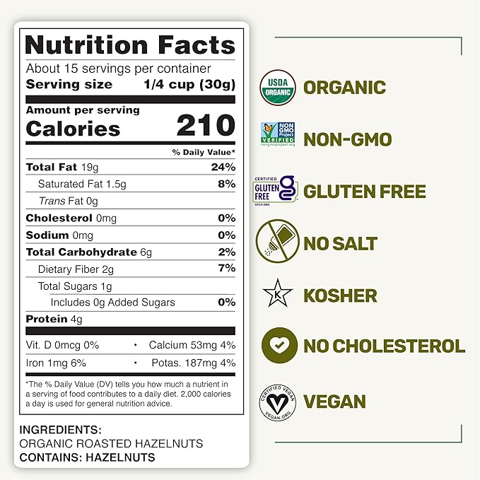 Happy Village Organic Roasted Hazelnuts, 16 OZ Resealable Bag, Roasted and Unsalted, USDA Organic, Non-GMO, Kosher, Vegan, Gluten-Free Filbert Nuts, No Added Oil or Preservatives