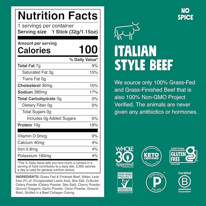 Chomps Grass-Fed and Finished Italian Beef Jerky Snack Sticks 10-Pack - Keto, Paleo, Whole30, 10g Lean Meat Protein, Gluten-Free, Zero Sugar Food, Non-GMO